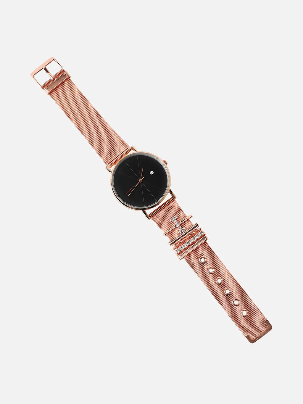 Round Analog Watch With I Initial Watch Charm - Rose Gold