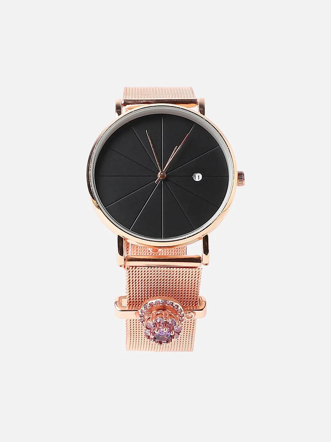 Round Analog Watch With Amethyst Watch Charm - Rose Gold