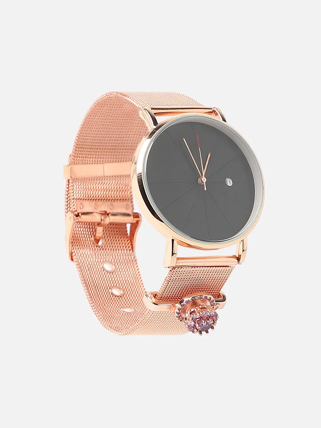 Round Analog Watch With Amethyst Watch Charm - Rose Gold