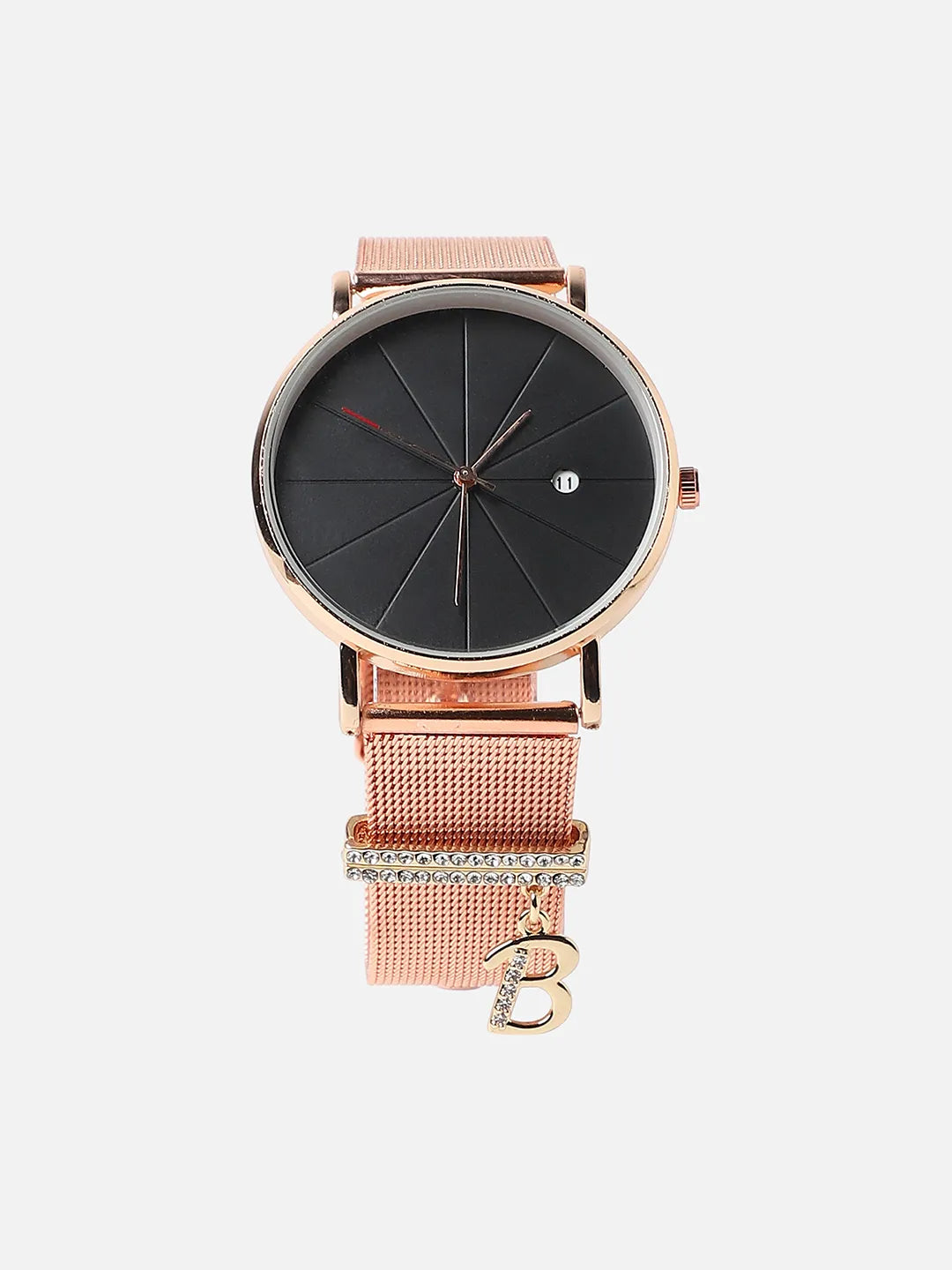 Round Analog Watch With B Liberty Initial Watch Charm - Rose Gold