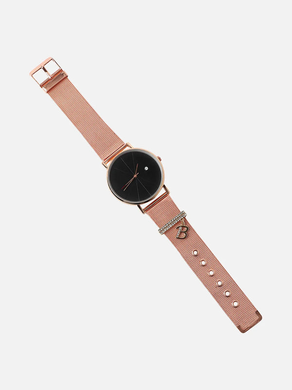 Round Analog Watch With B Liberty Initial Watch Charm - Rose Gold