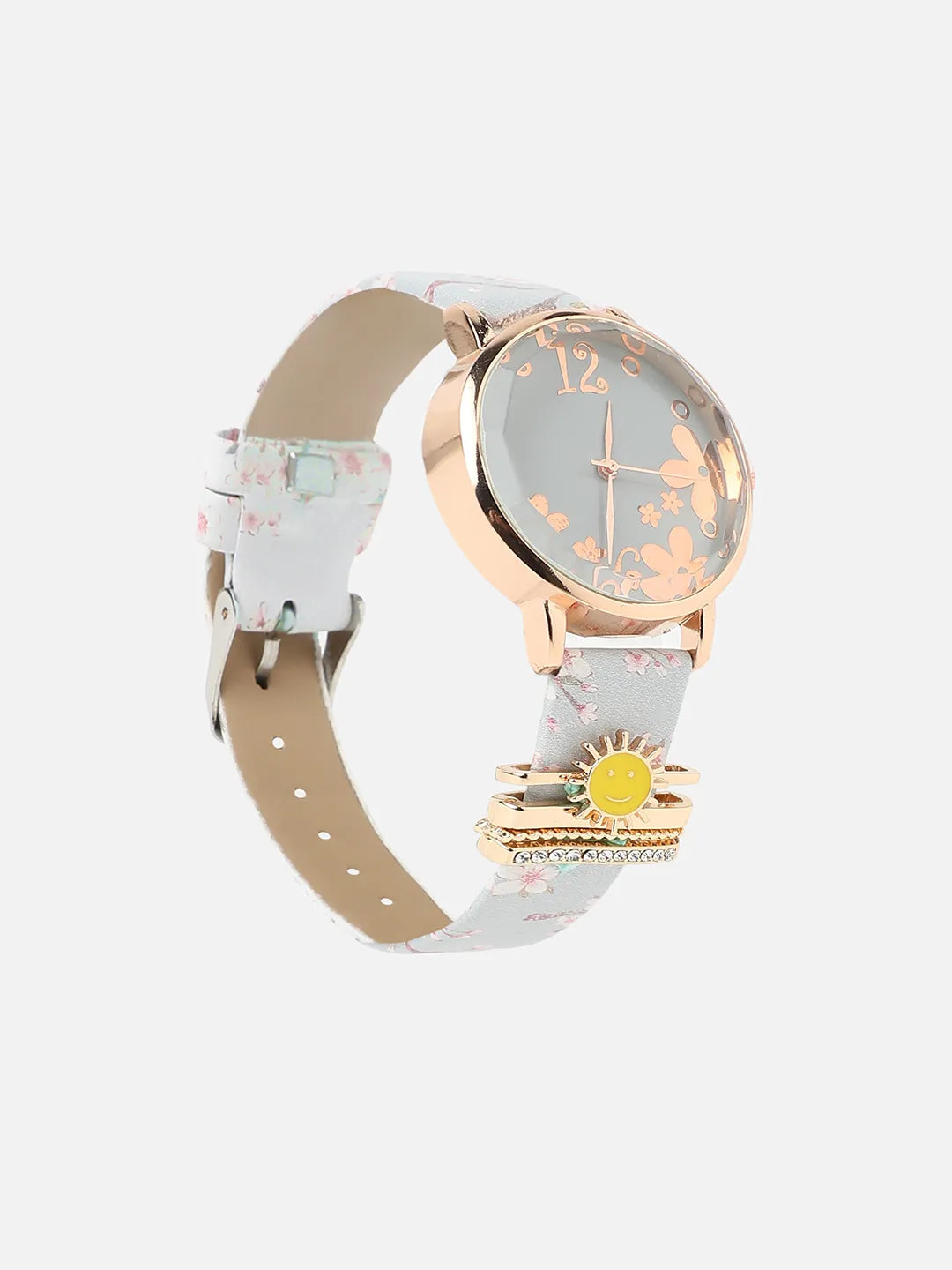 Round Analog Watch With Sun Watch Charm - Grey