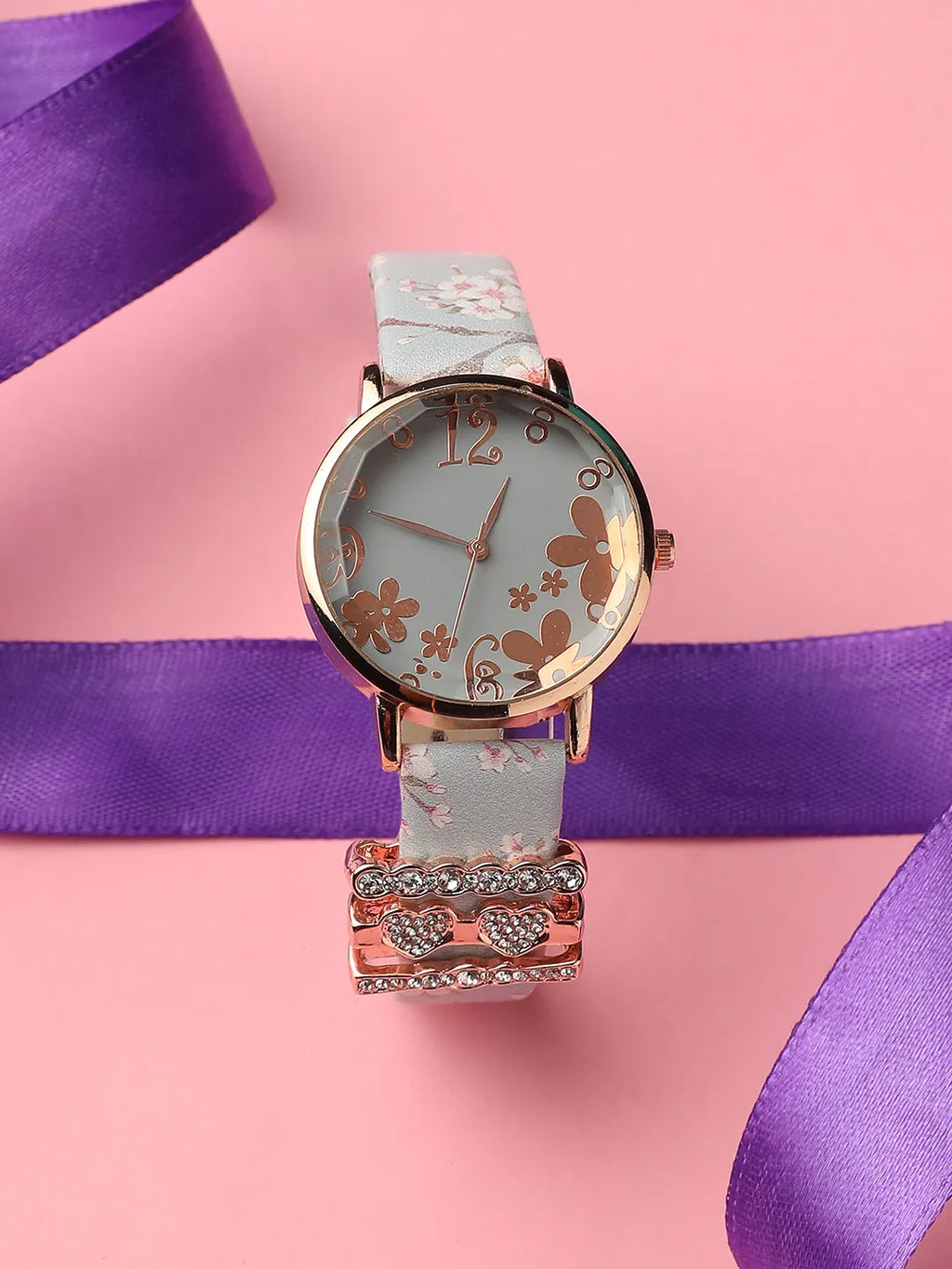Round Analog Watch With Embellished Hearts Watch Charm - Grey