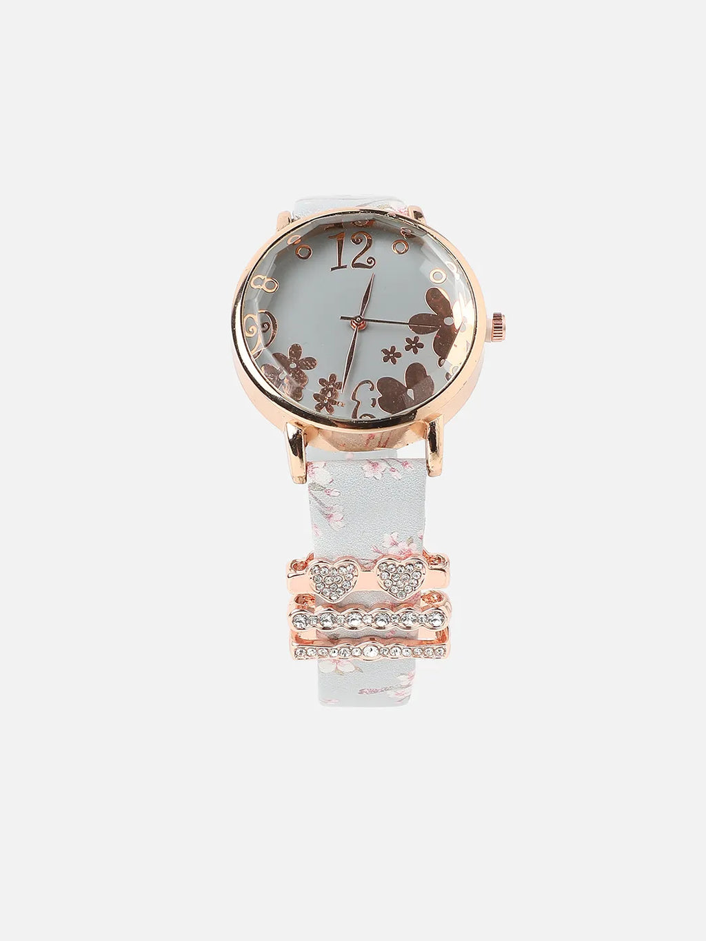 Round Analog Watch With Embellished Hearts Watch Charm - Grey