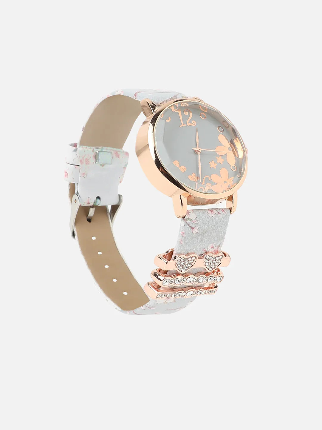Round Analog Watch With Embellished Hearts Watch Charm - Grey