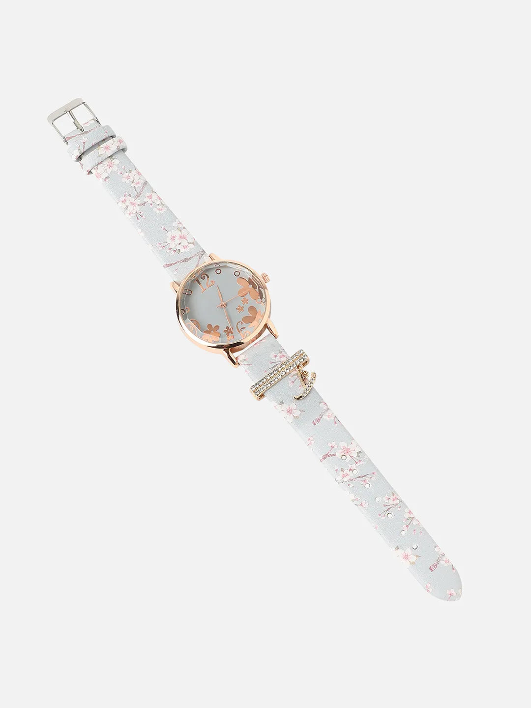 Round Analog Watch With Embellished Hearts Watch Charm - Grey