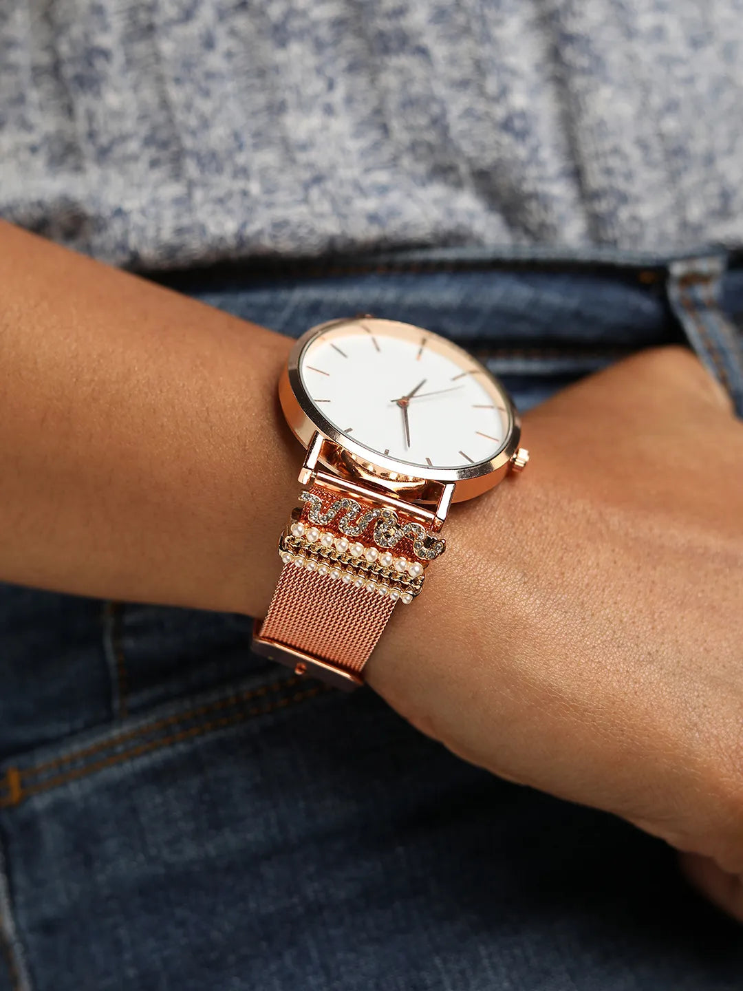 Round Analog Watch With Pearl Wave Watch Charm - Rose Gold