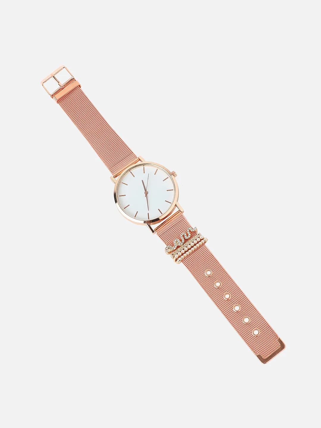 Round Analog Watch With Pearl Wave Watch Charm - Rose Gold
