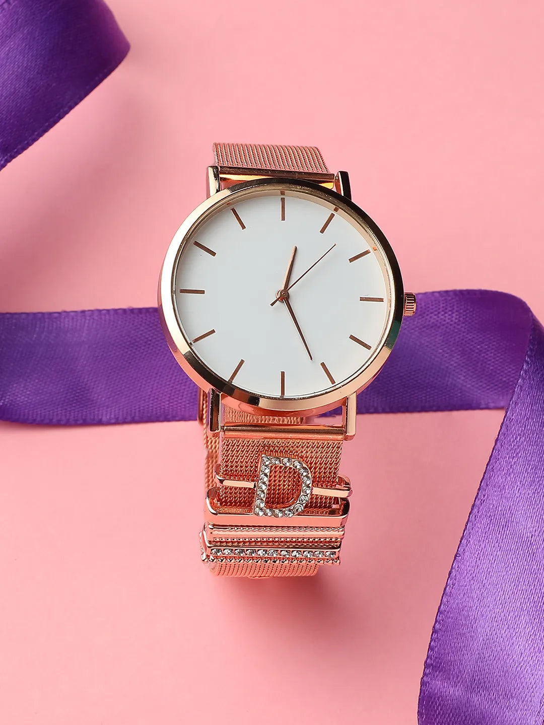 Round Analog Watch With D Initial Watch Charm - Rose Gold