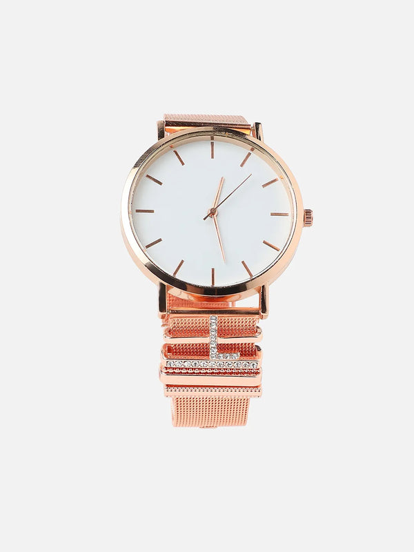 Round Analog Watch With L Initial Watch Charm - Rose Gold