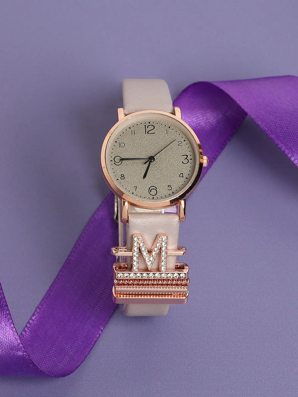 Round Analog Watch With M Initial Watch Charm - Grey