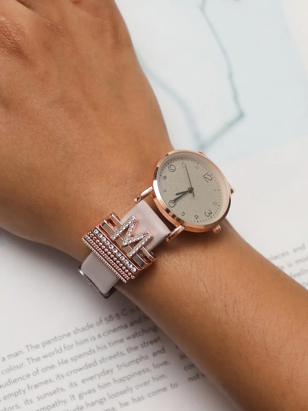 Round Analog Watch With M Initial Watch Charm - Grey