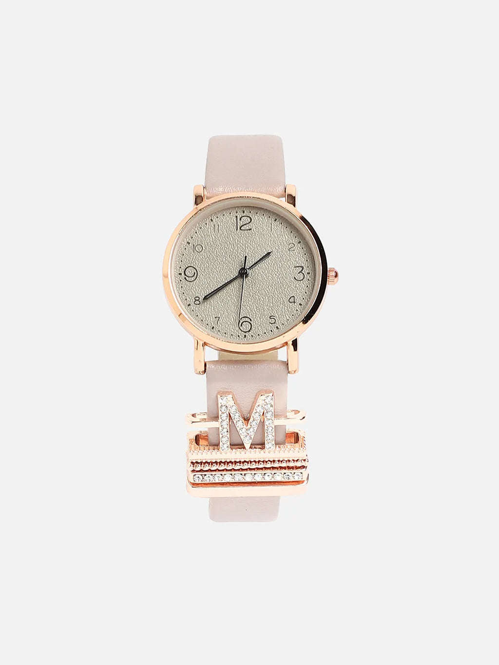 Round Analog Watch With M Initial Watch Charm - Grey
