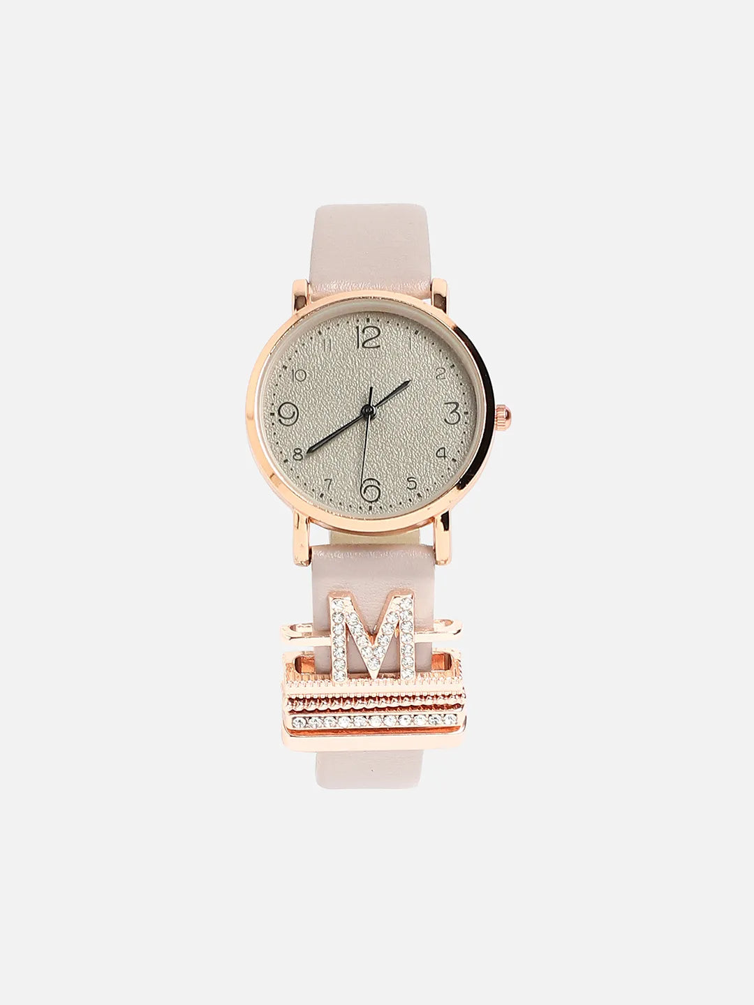 Round Analog Watch With M Initial Watch Charm - Grey