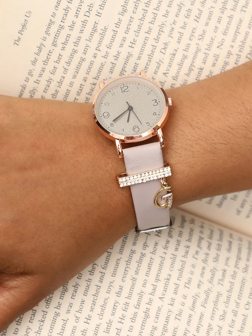 Round Analog Watch With G Liberty Initial Watch Charm - Grey