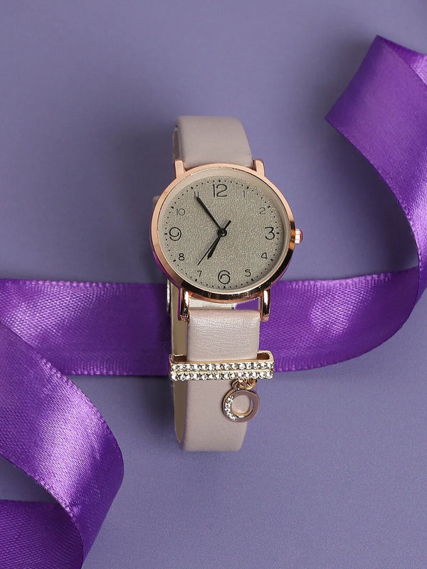 Round Analog Watch With O Liberty Initial Watch Charm - Grey