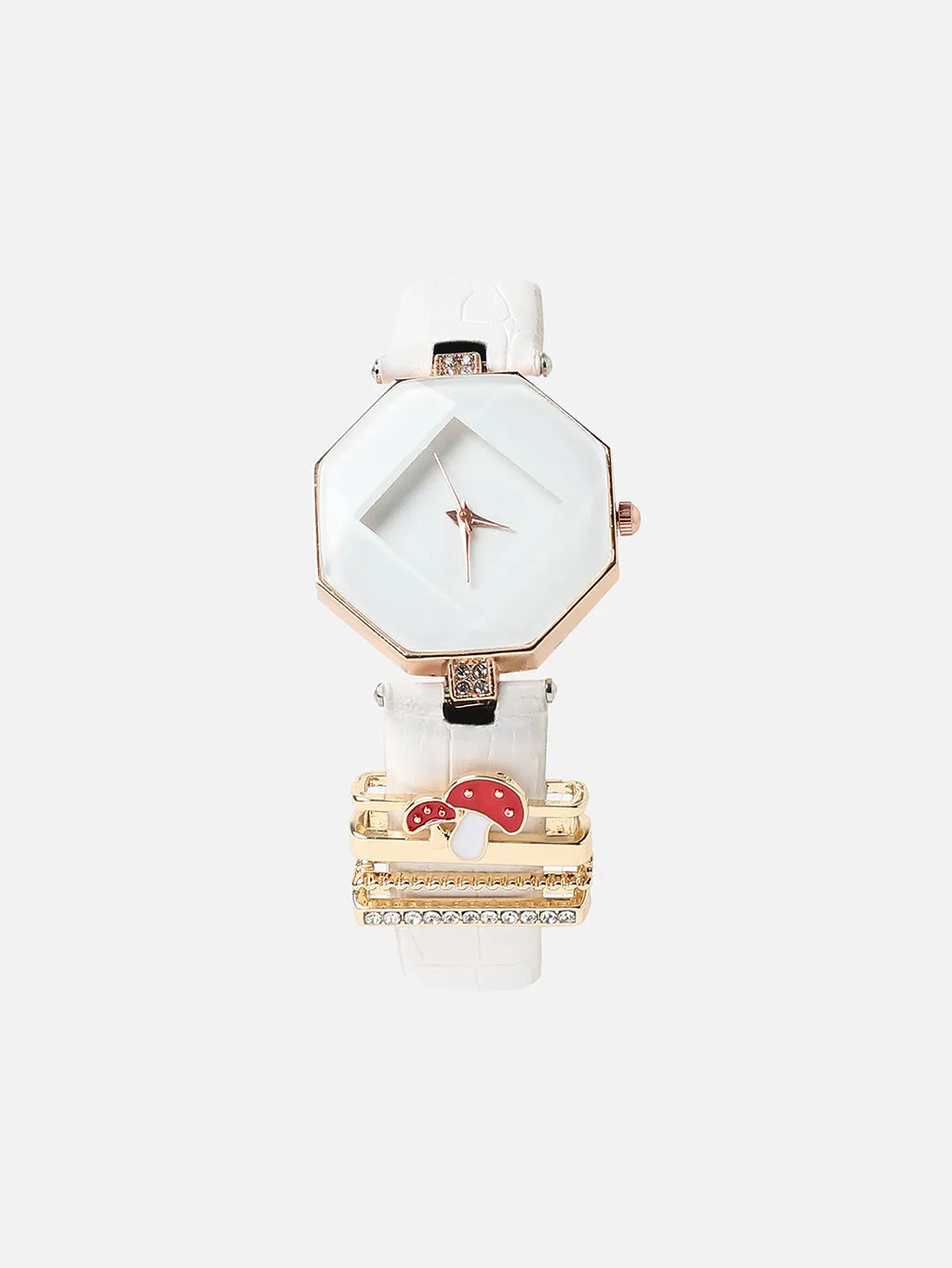 Hectagon Analog Watch With Mushroom Watch Charm - White