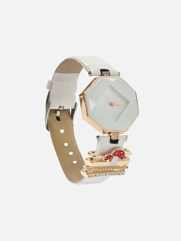 Hectagon Analog Watch With Mushroom Watch Charm - White