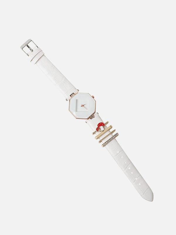 Hectagon Analog Watch With Mushroom Watch Charm - White
