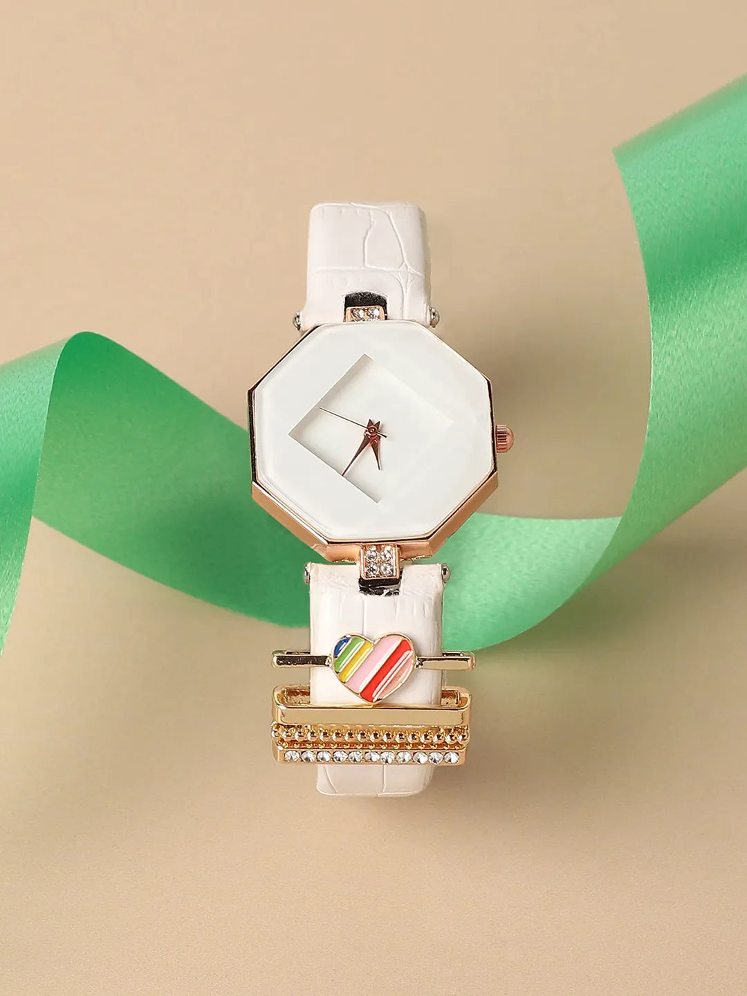 Hectagon Analog Watch With Rainbow Heart Watch Charm - White
