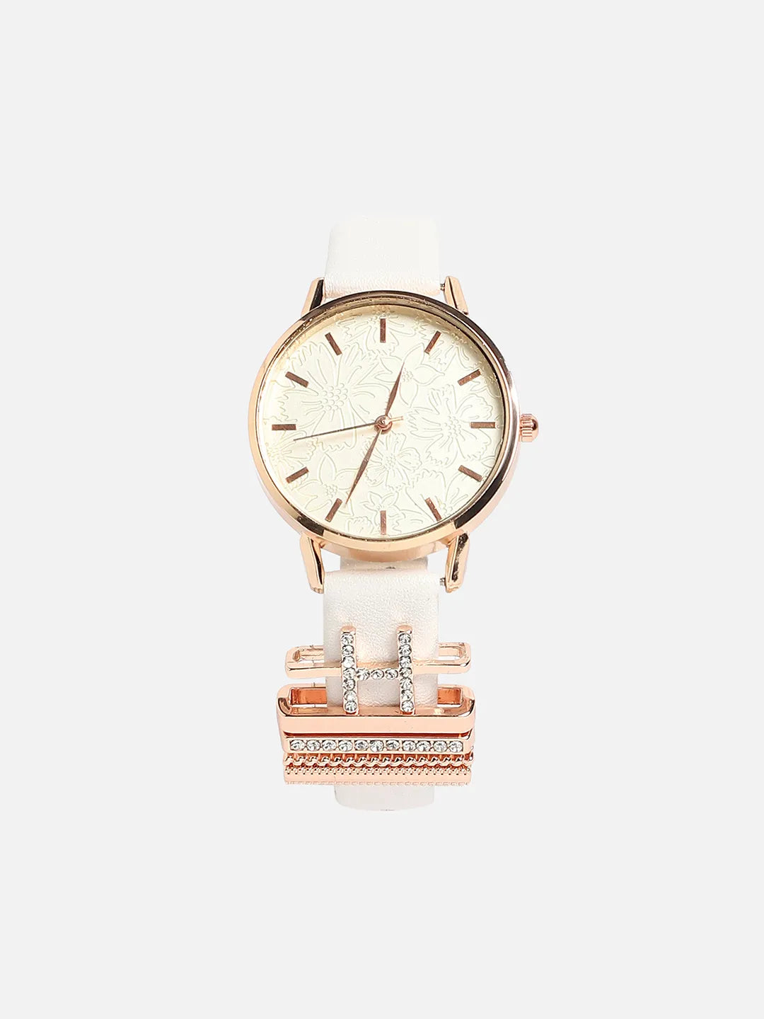Round Analog Watch With H Initial Watch Charm - White