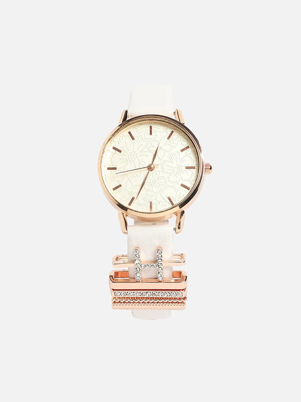 Round Analog Watch With H Initial Watch Charm - White