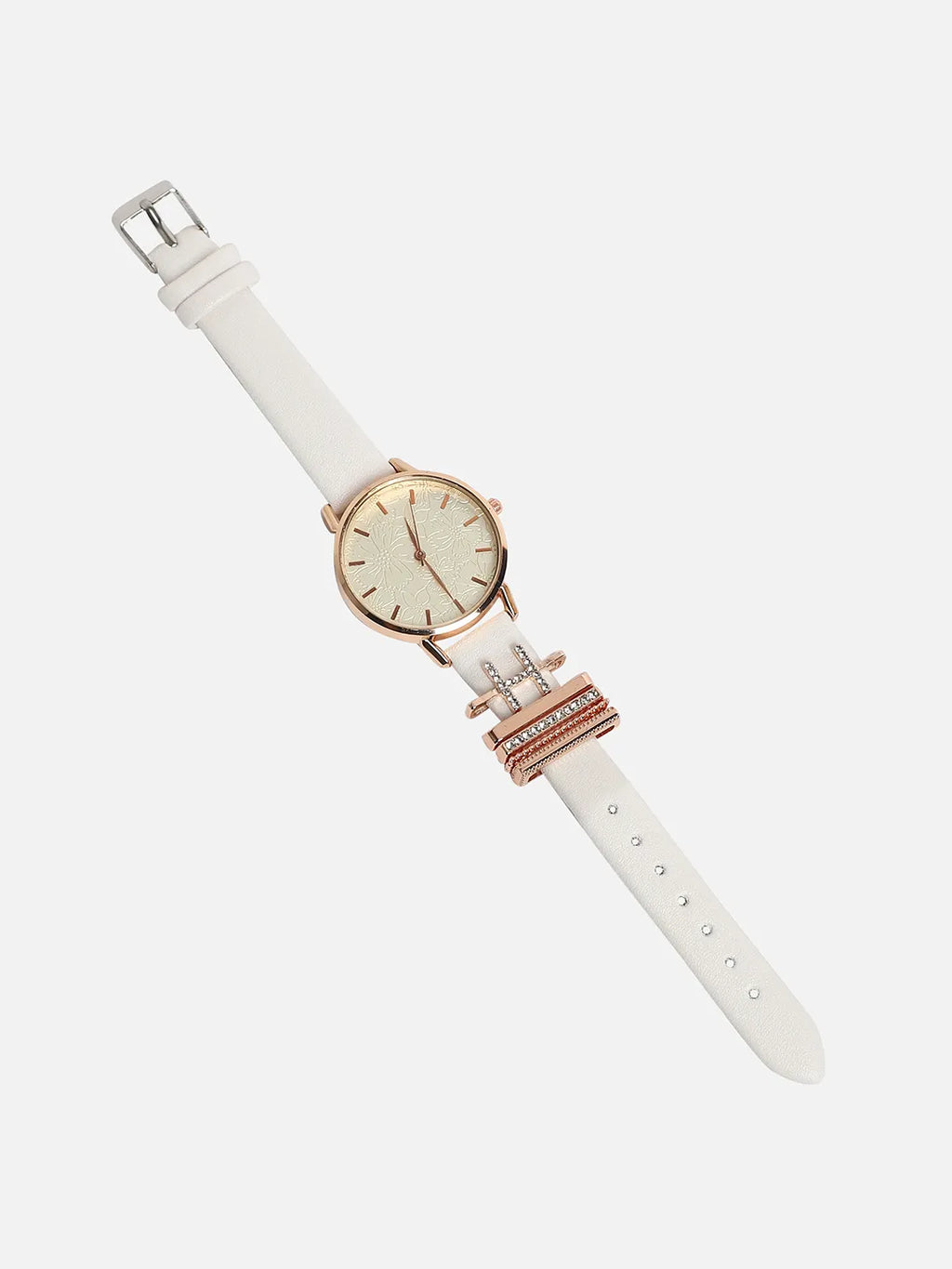 Round Analog Watch With H Initial Watch Charm - White
