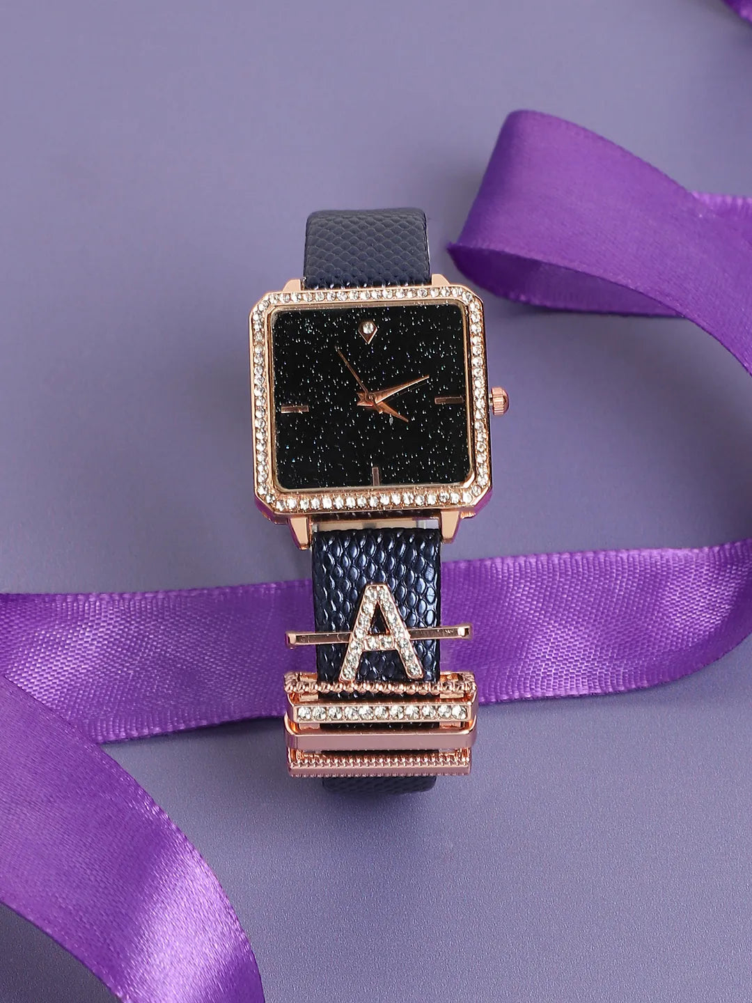 Square Analog Watch With A Initial Watch Charm - Black