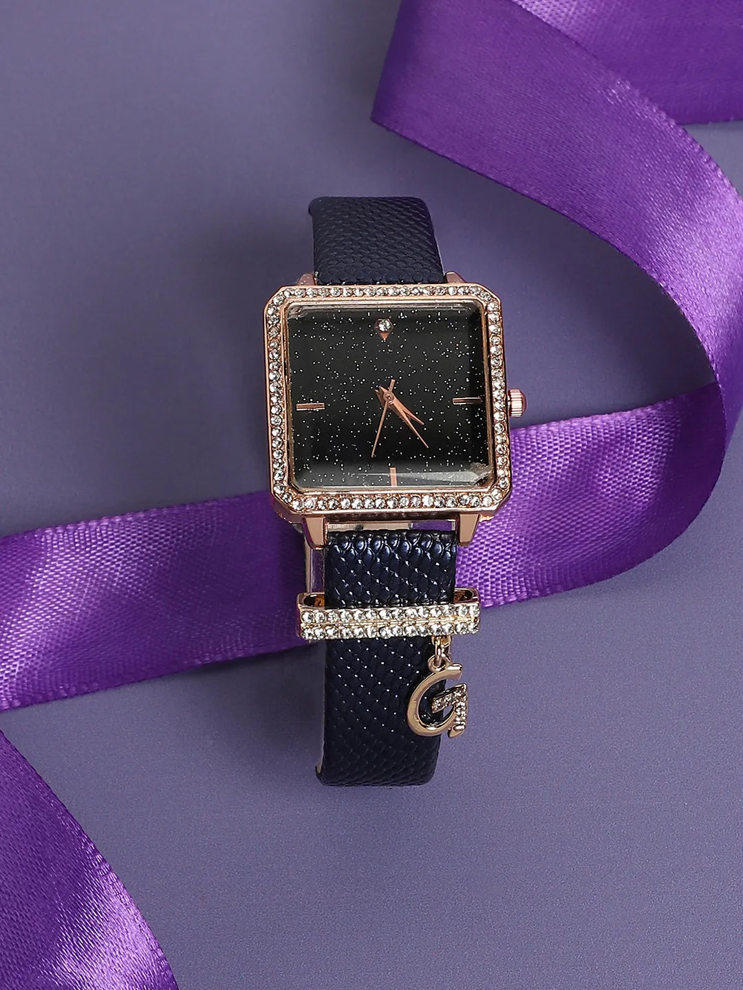 Square Analog Watch With G Liberty Initial Watch Charm - Black