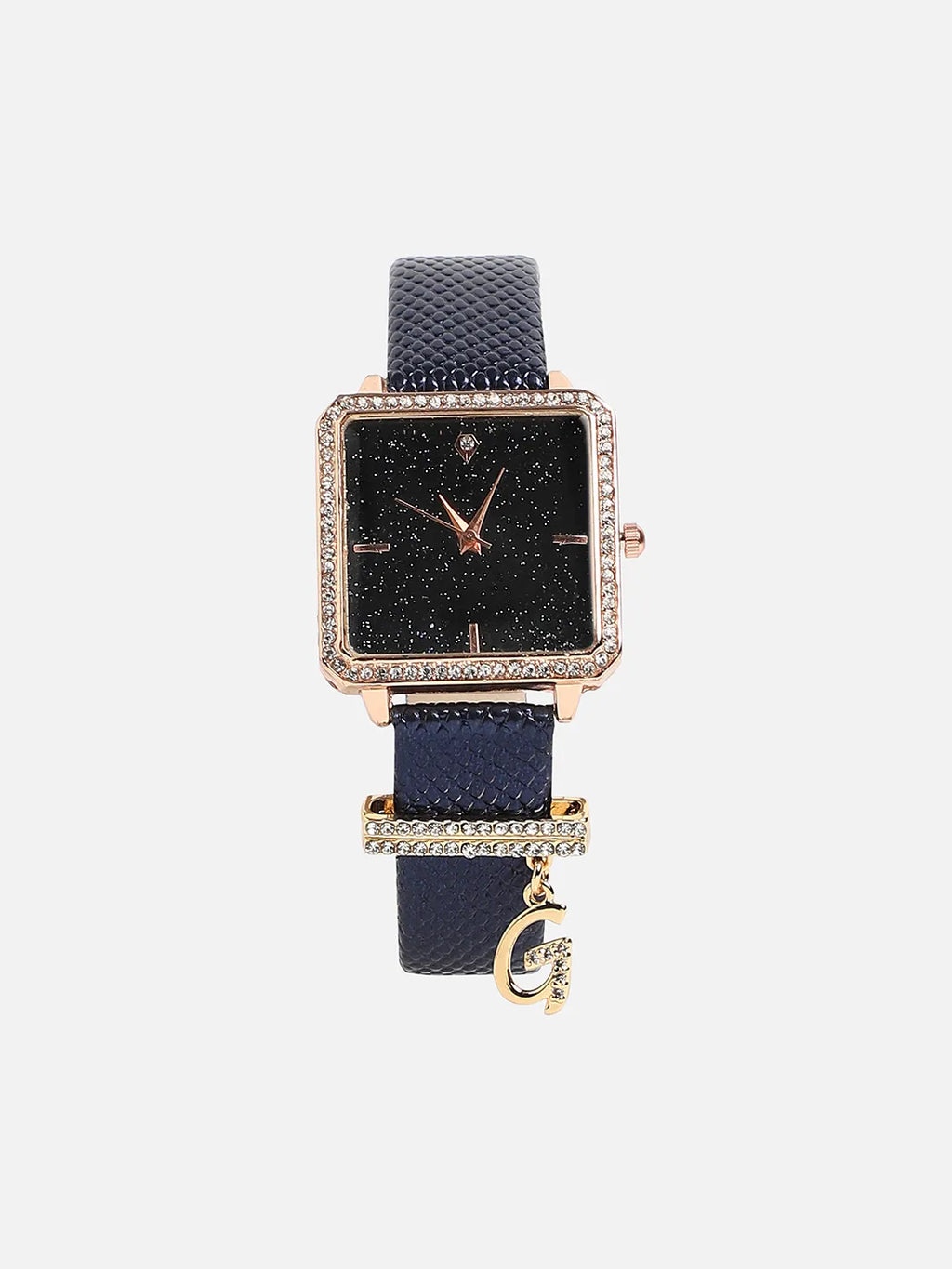 Square Analog Watch With G Liberty Initial Watch Charm - Black