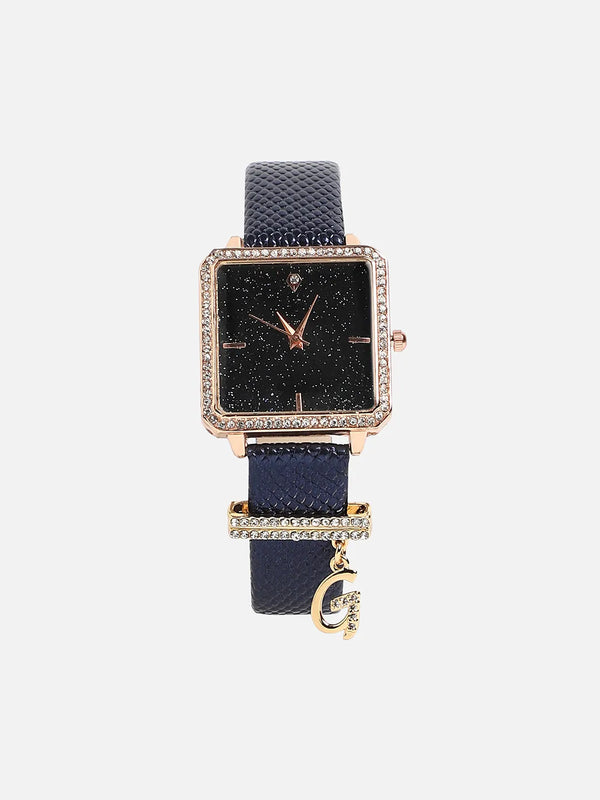 Square Analog Watch With G Liberty Initial Watch Charm - Black