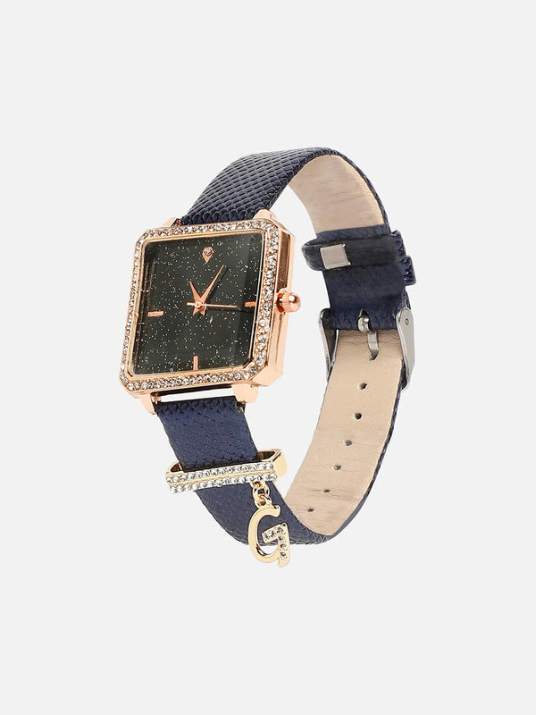 Square Analog Watch With G Liberty Initial Watch Charm - Black