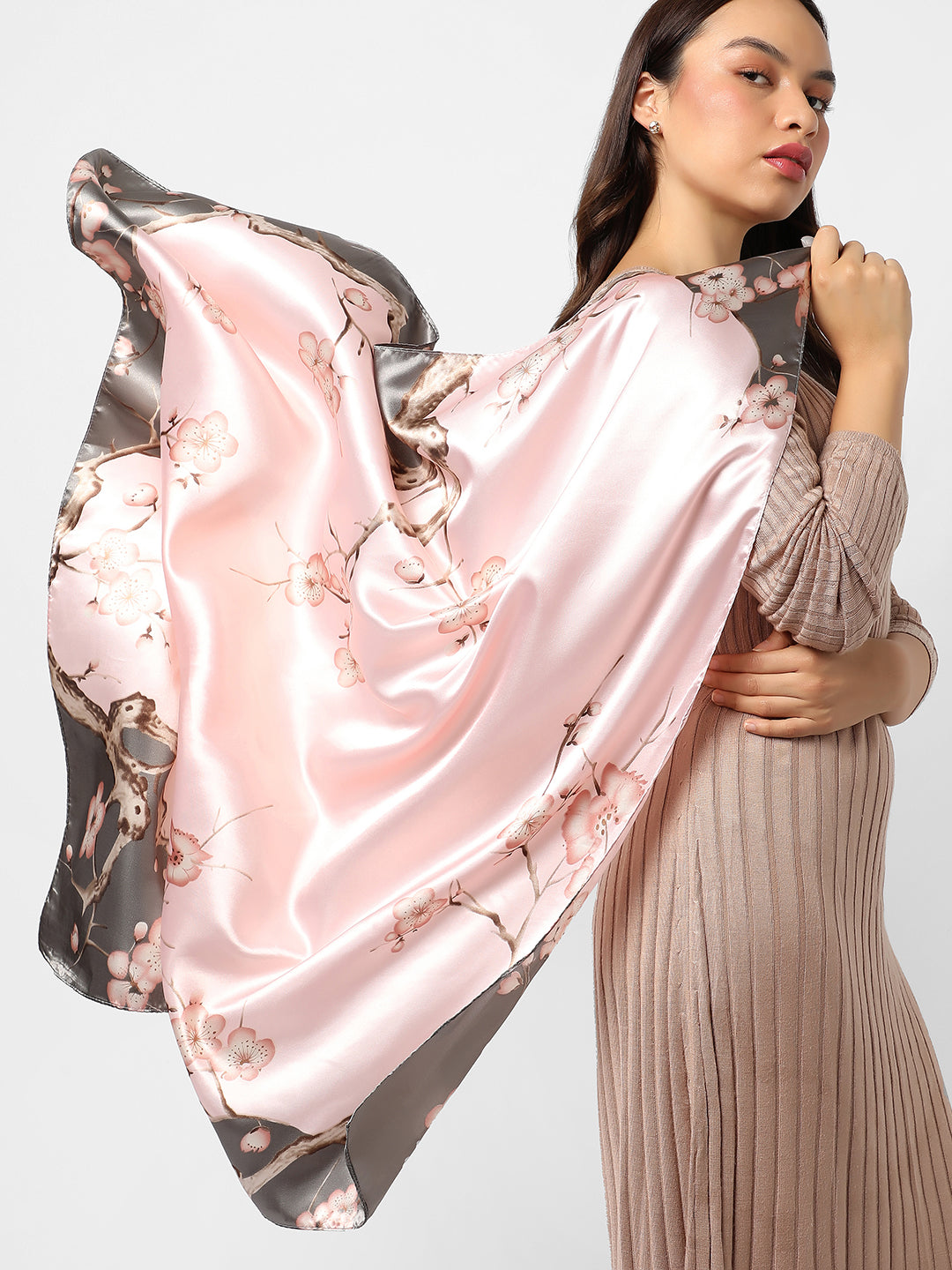 Floral Printed Light Pink & Grey Scarf