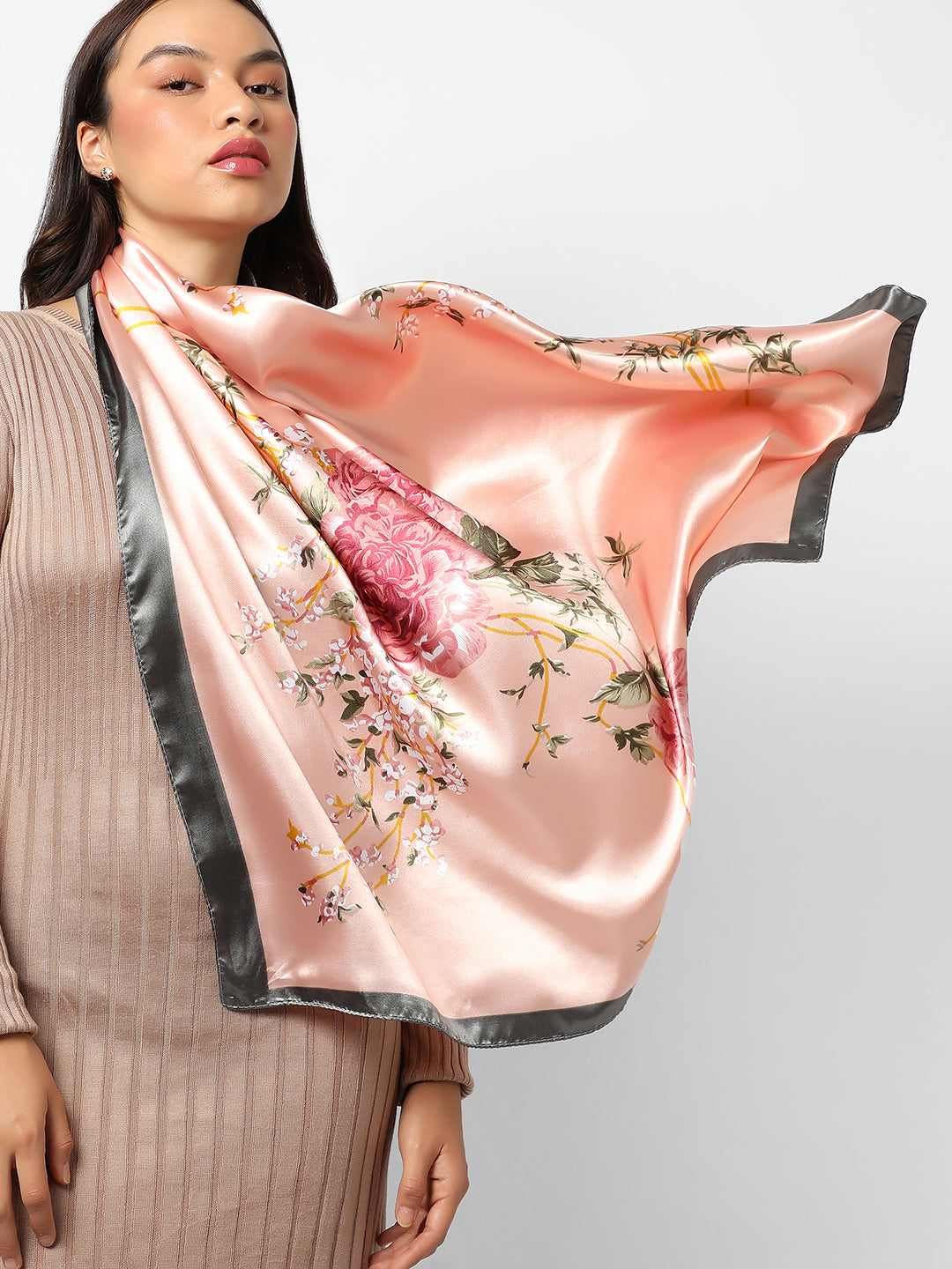 Printed Satin Peach & Grey Head Scarf