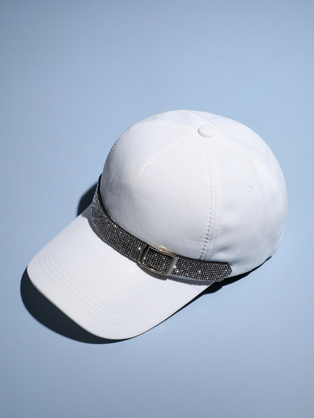 Rhinestone Buckle Baseball Cap - White