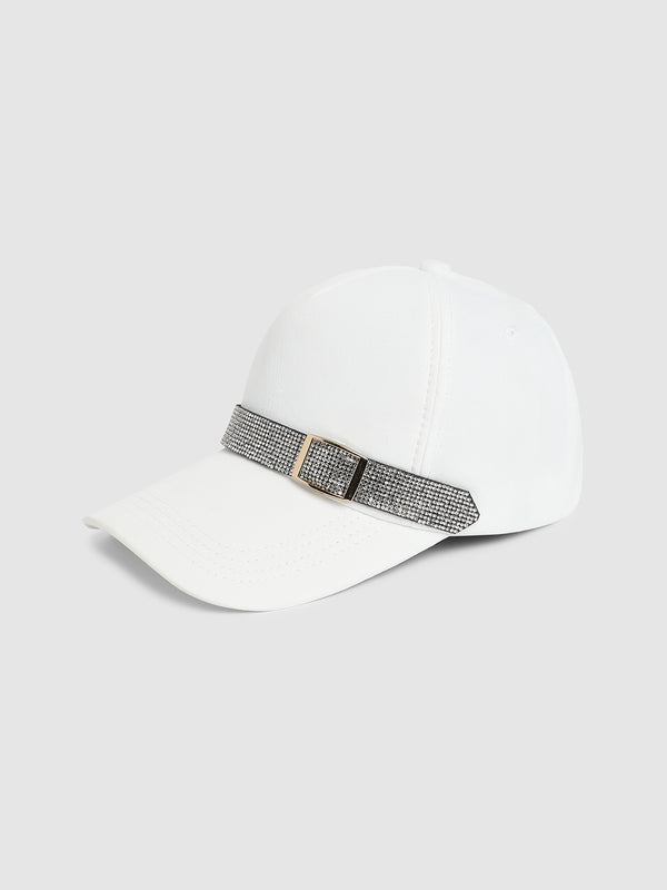 Rhinestone Buckle Baseball Cap - White