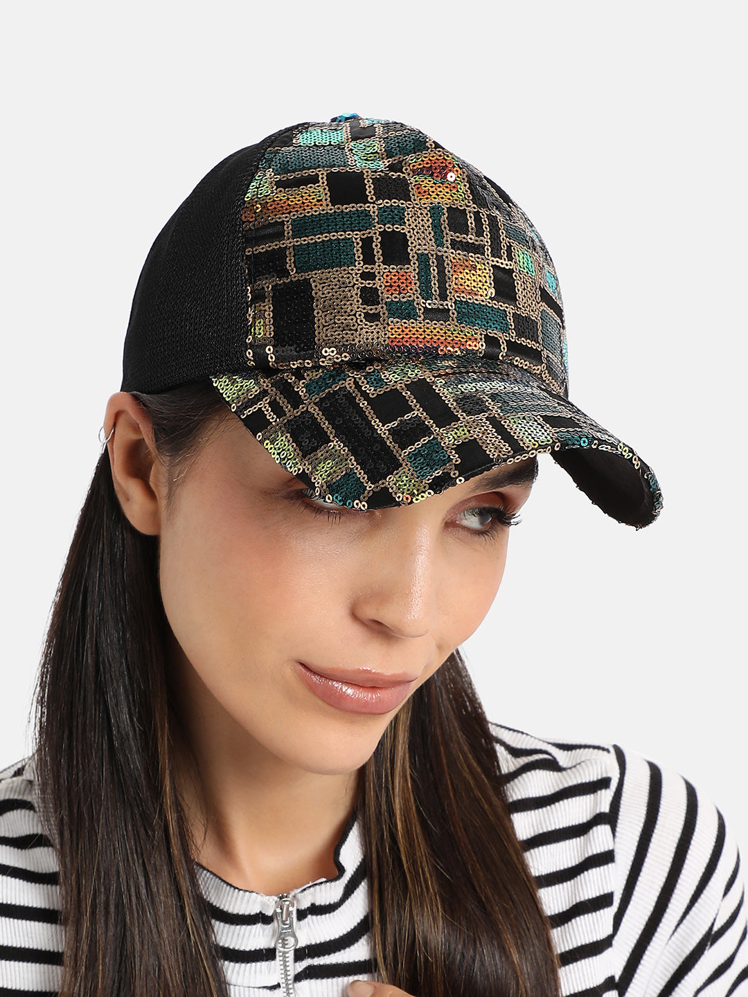 Sequin Block Baseball Cap - Black