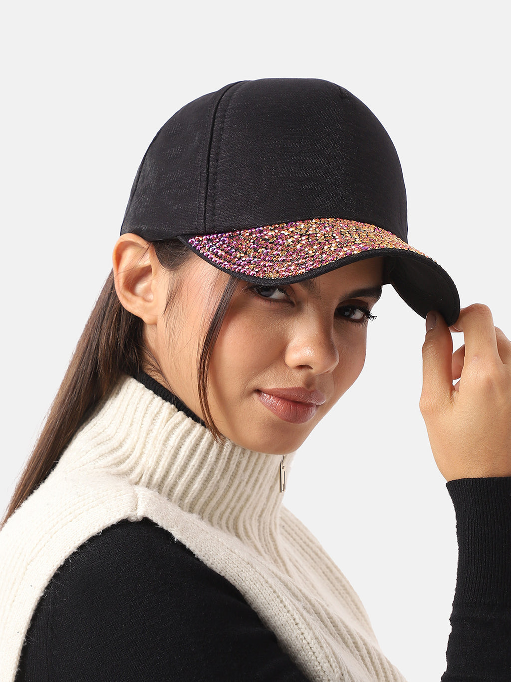 Sequin Contrast Baseball Cap - Black & Rose Gold