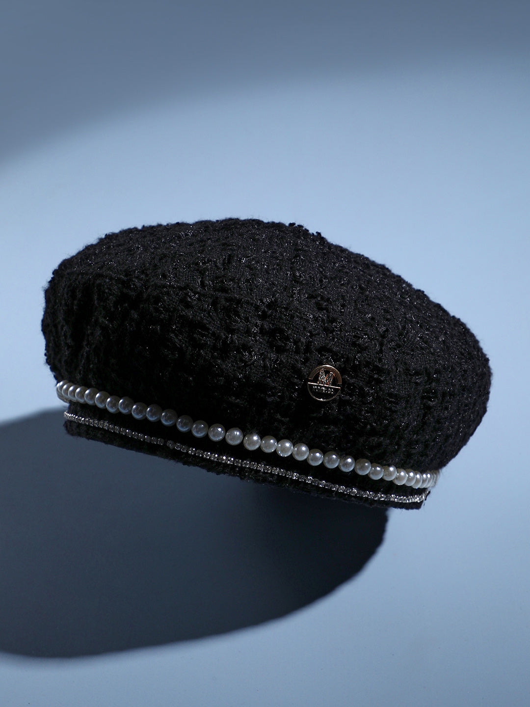 Embellished Pearl Beret Hat - Black