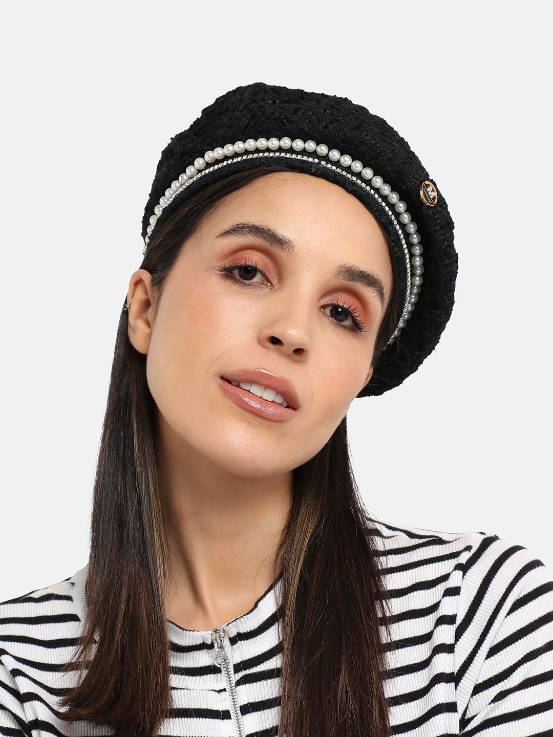 Embellished Pearl Beret Hat - Black