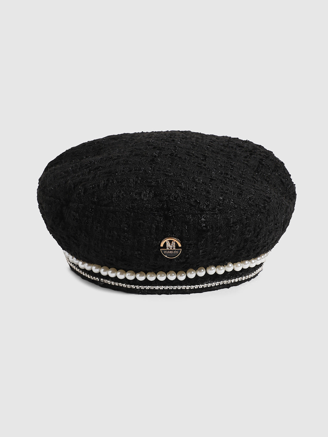 Embellished Pearl Beret Hat - Black