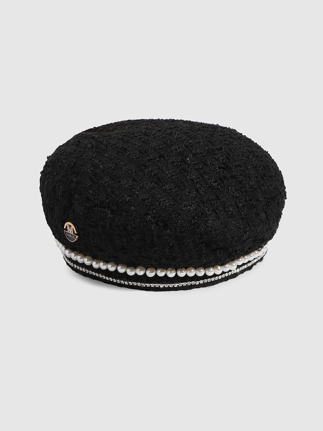 Embellished Pearl Beret Hat - Black