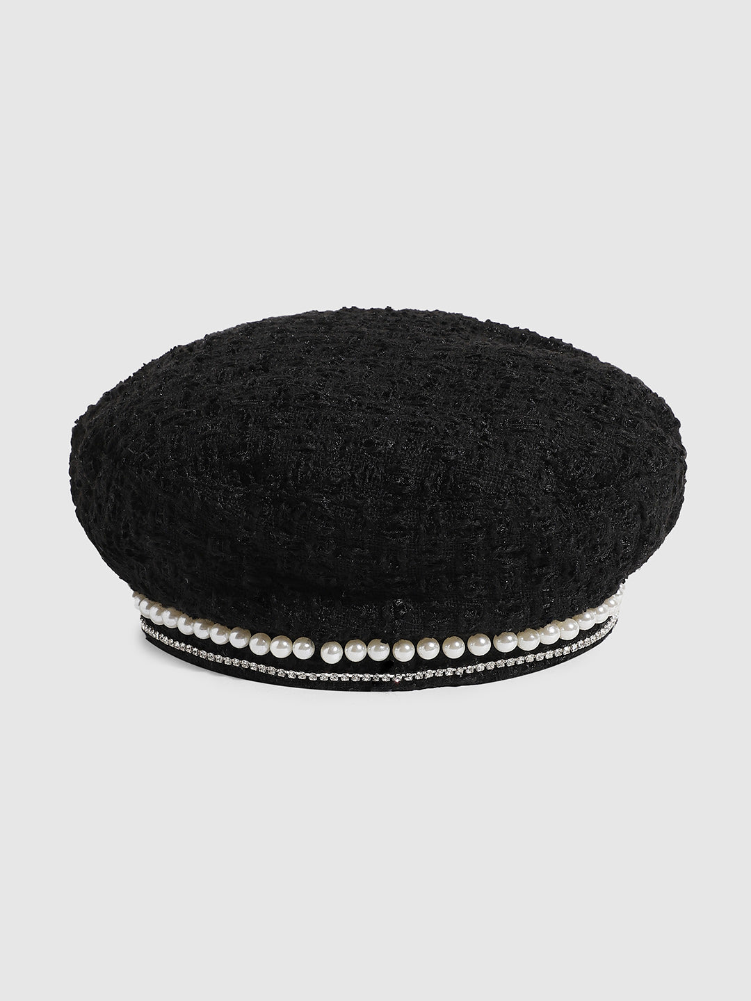 Embellished Pearl Beret Hat - Black