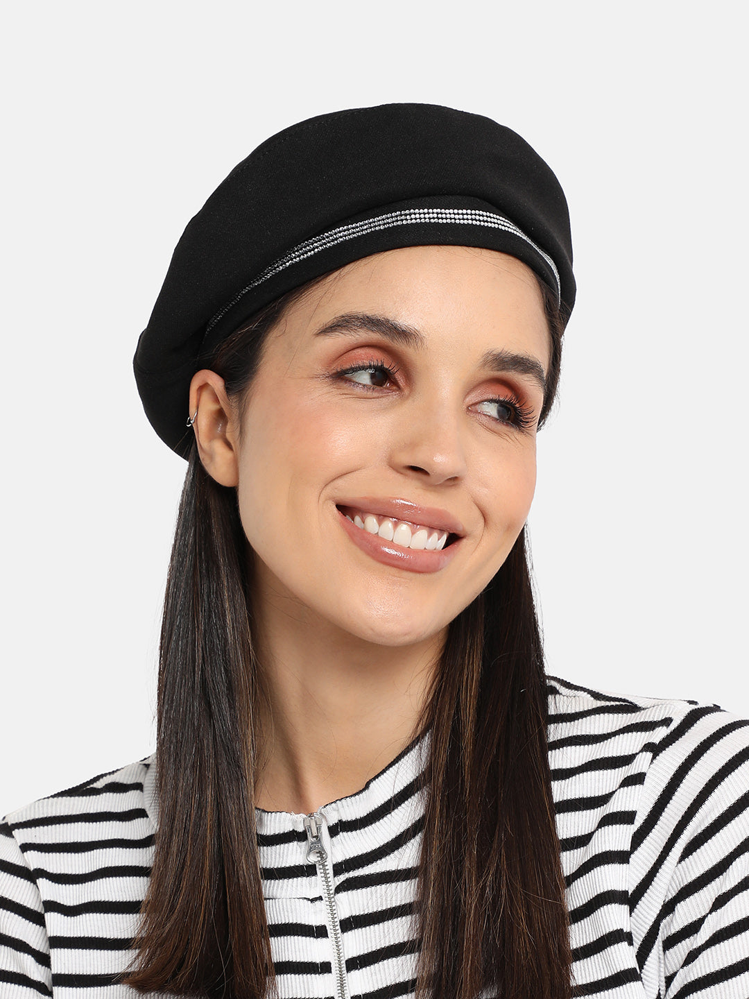 Rhinestone Lined Beret Hat - Black