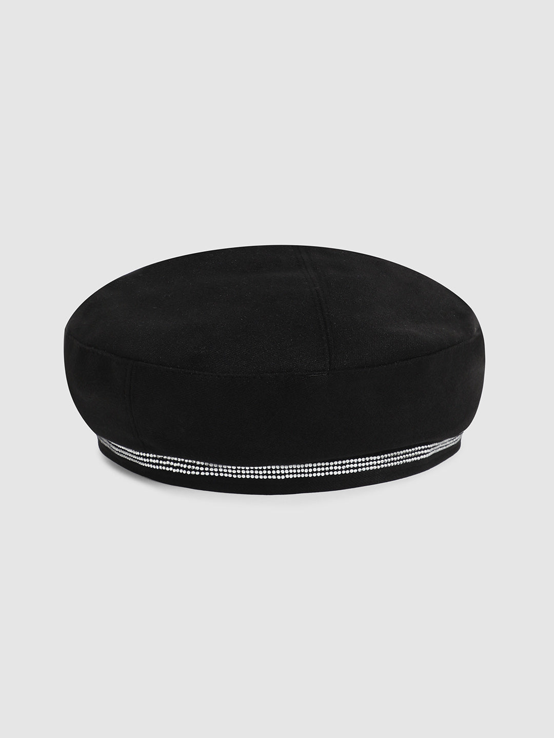 Rhinestone Lined Beret Hat - Black