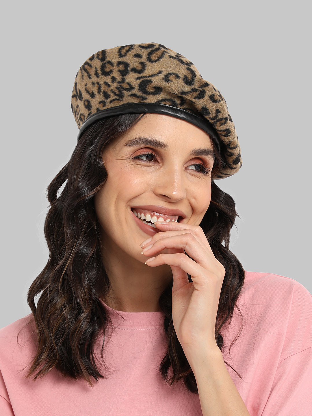Leopard Print Beret Hat - Beige
