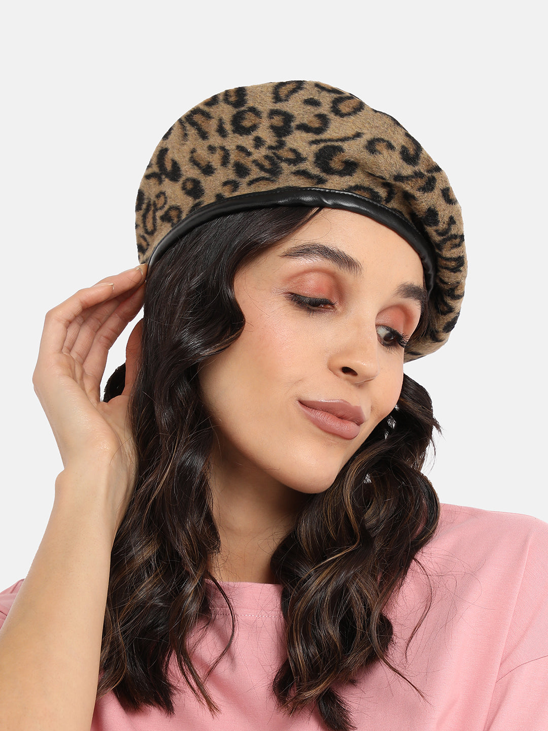 Leopard Print Beret Hat - Beige