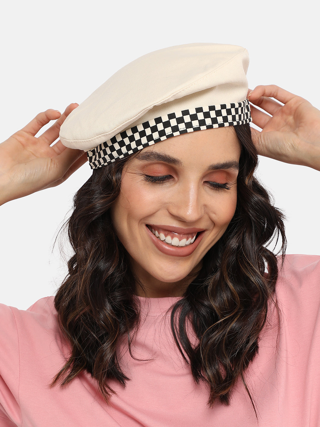 Checkered Lined Beret Hat - White