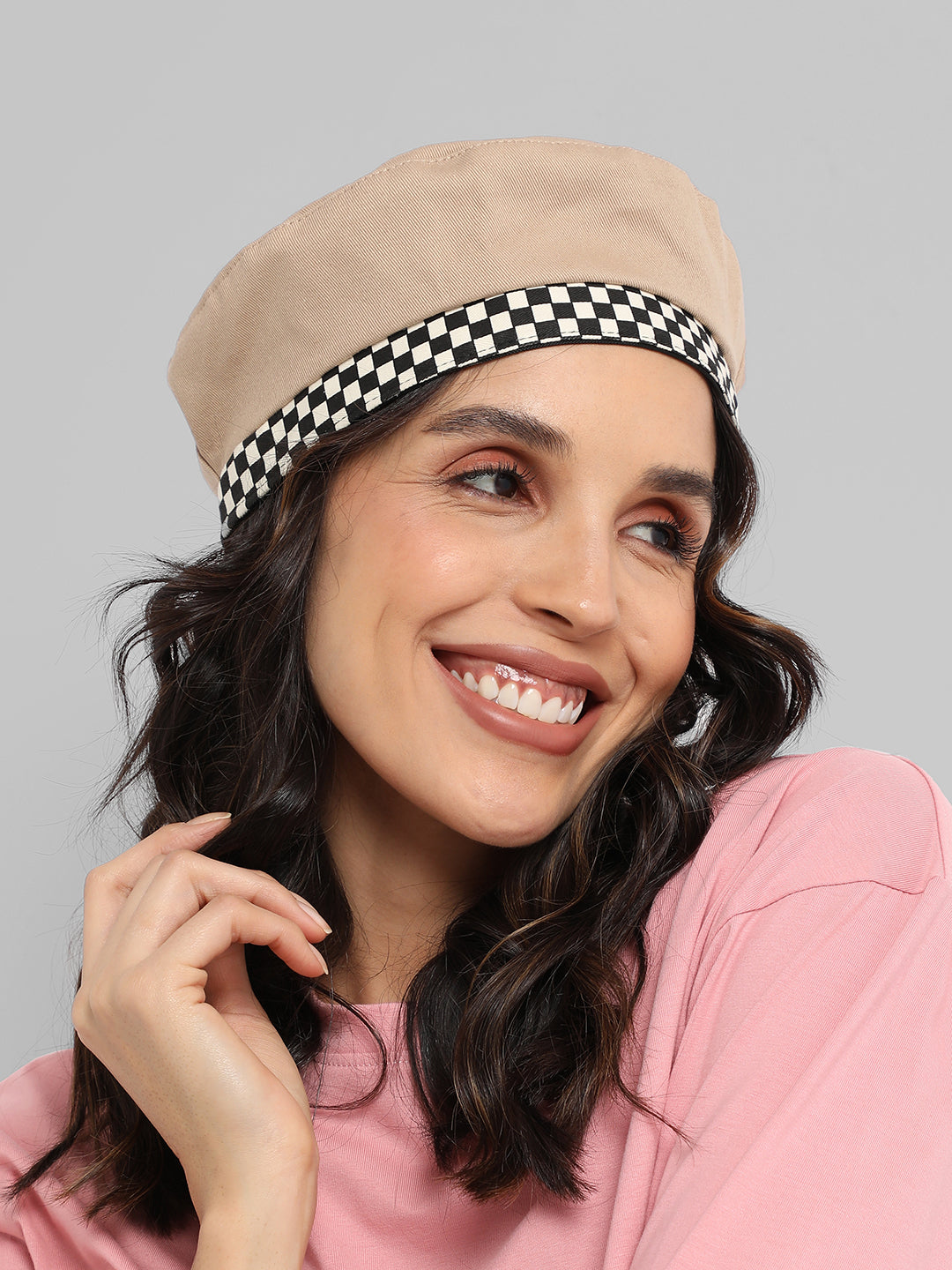 Checkered Lined Beret Hat - Beige