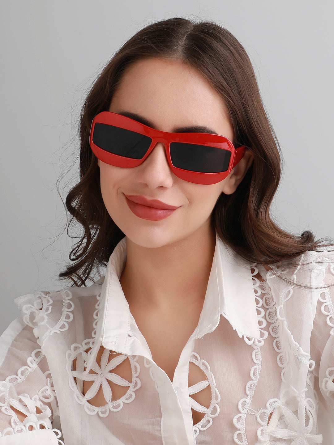 Solid Rectangular Sunglasses - Red